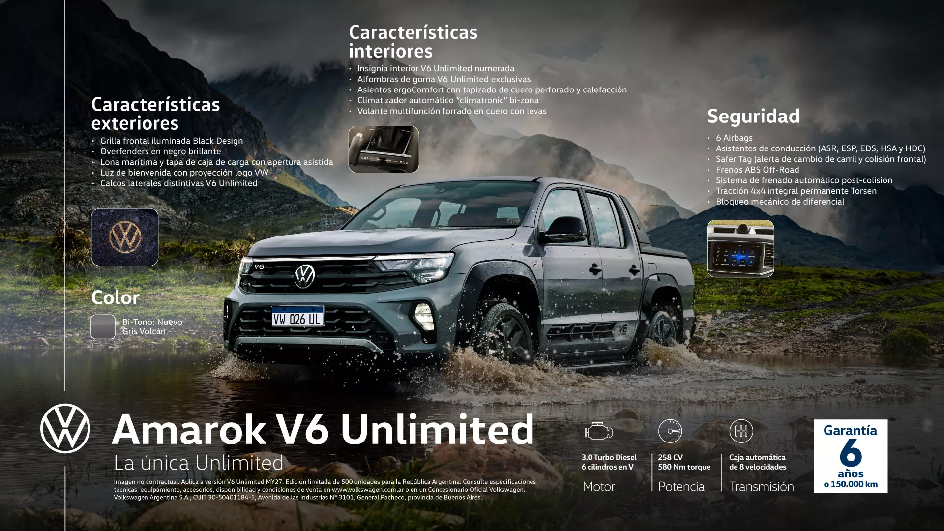 Amarok V6 Unlimited: características exteriores, interiores, seguridad, motor, potencia y transmisión